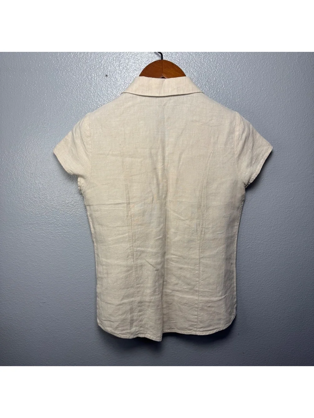 Orvis 100% Linen Short Sleeve Button Front Blouse Women’s Size 10 Beige - Picture 7 of 9